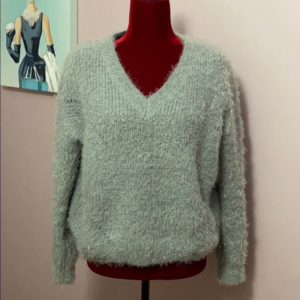“Pink Rose” Grey fuzzy sweater. Size M and L
